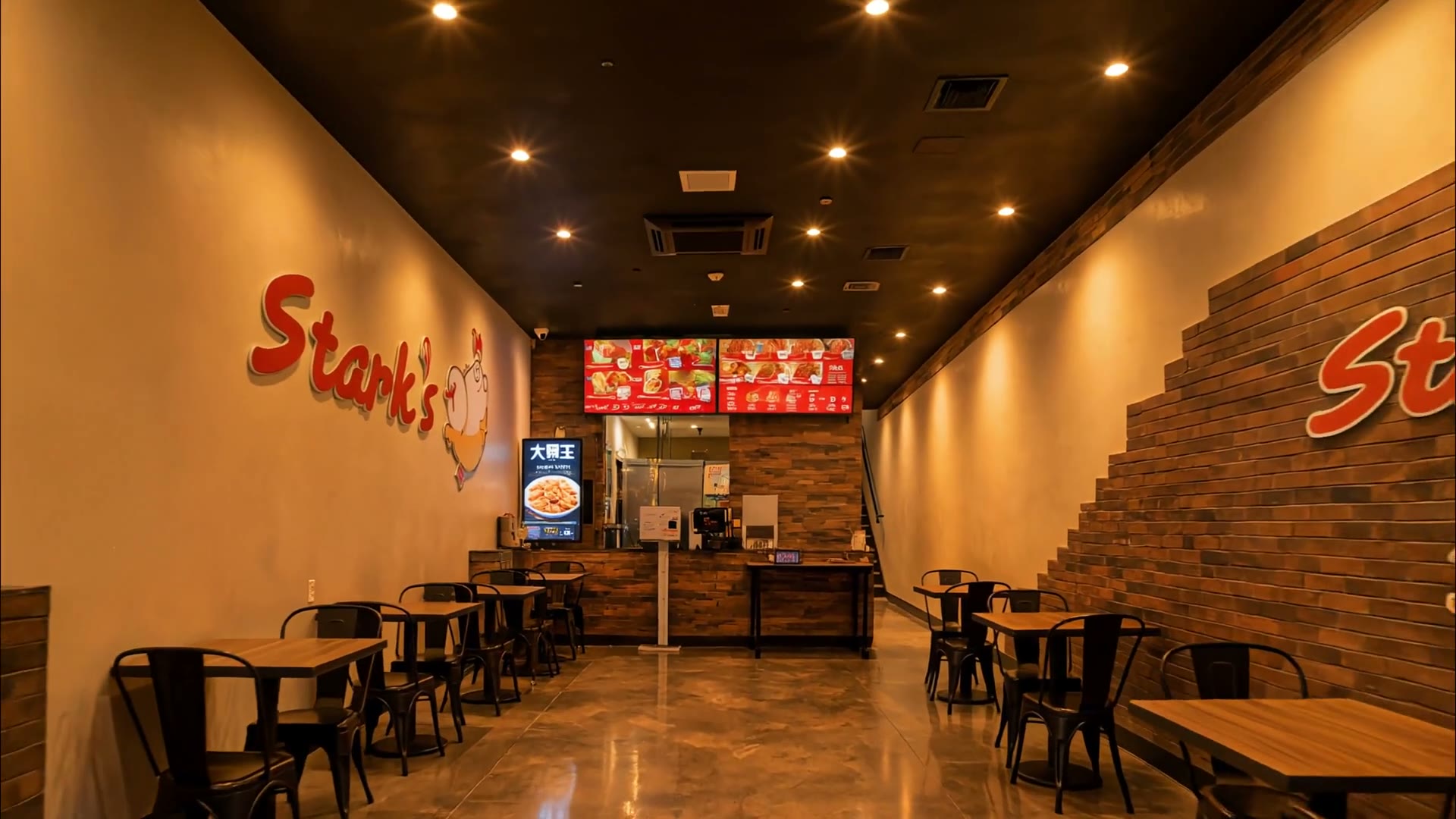 The front doors of Stark's Hot Chicken with the neon OPEN sign