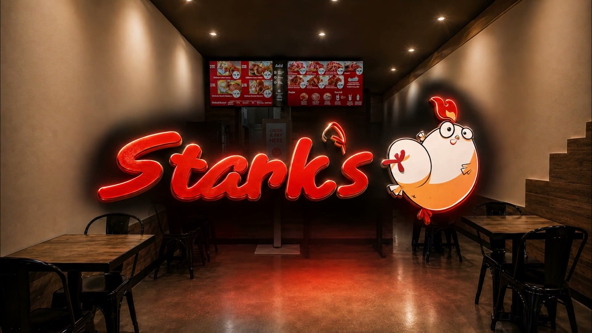 The glowing Stark's sign and chicken mascot inside the restaurant